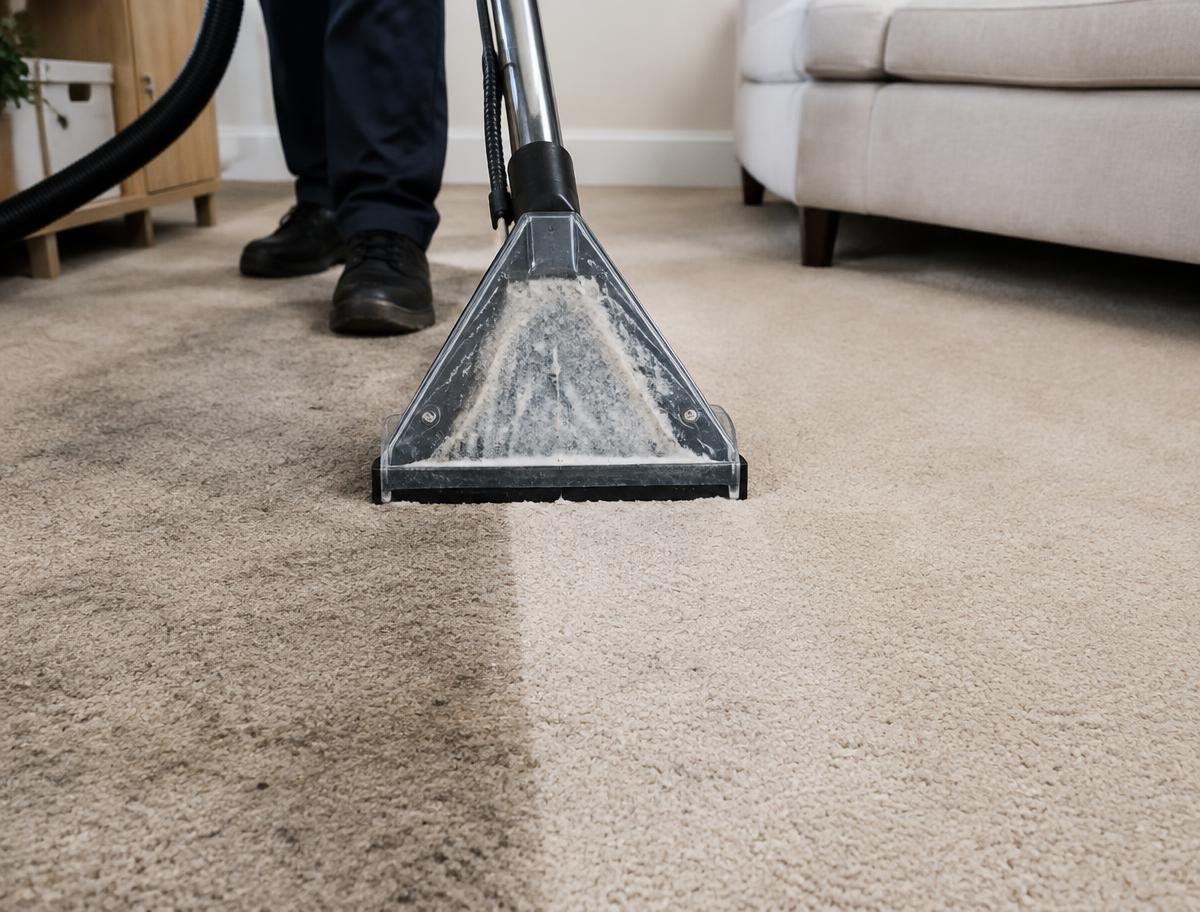 Carpet being hot water extracted showing a clean stripe