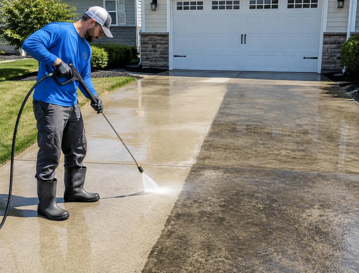 Concrete driveway being pressure washed
